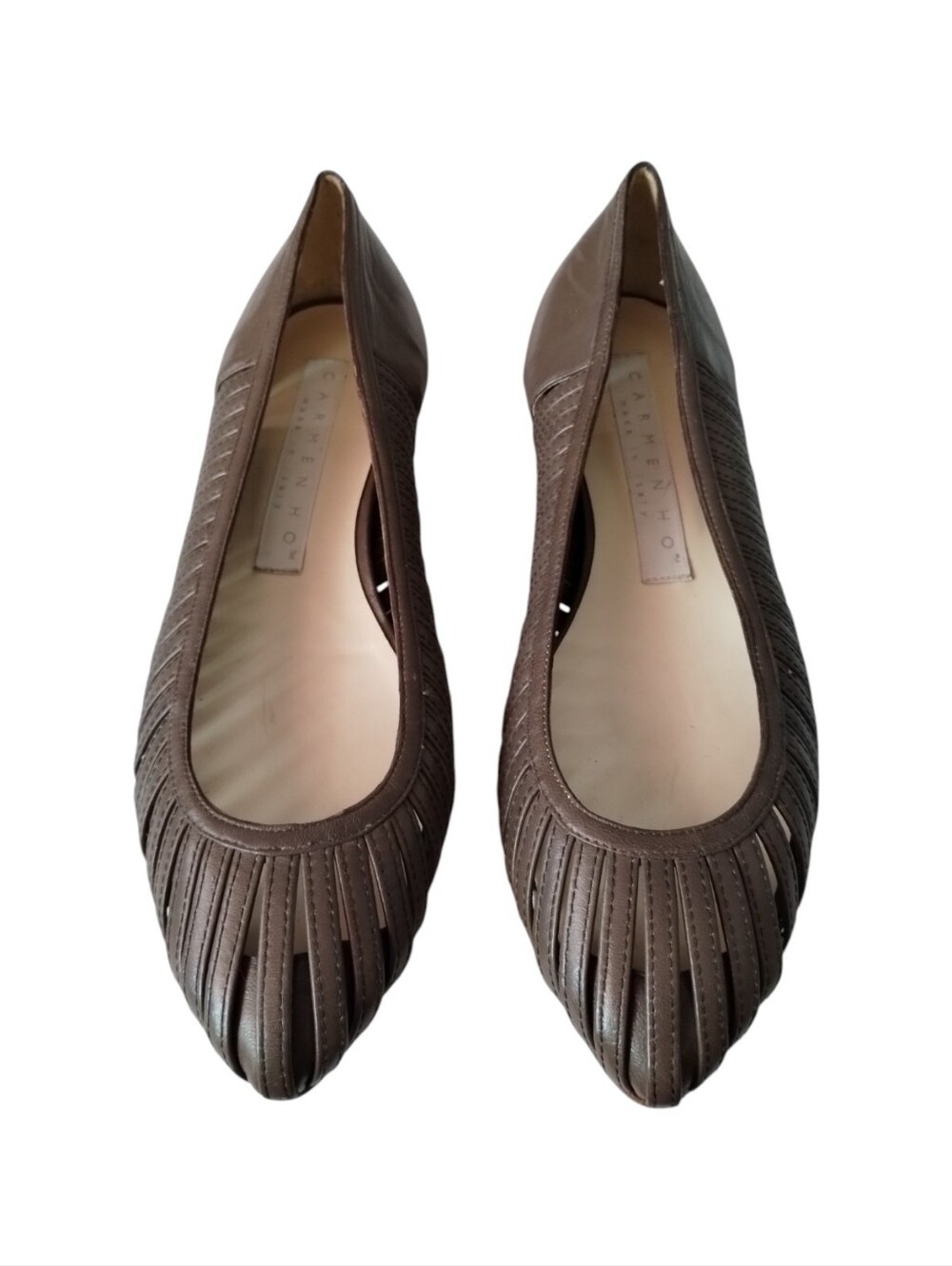 Carmen Ho Leather Pointed Toe Hollow Out Ballet Flats Caged Low Heel Women's 9
